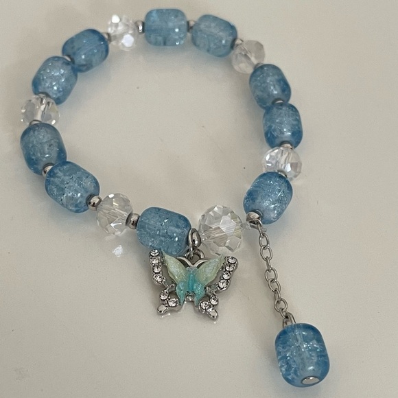 Blue and Clear Beaded Stretch Small Bracelet with Butterfly Charm - Picture 11 of 17